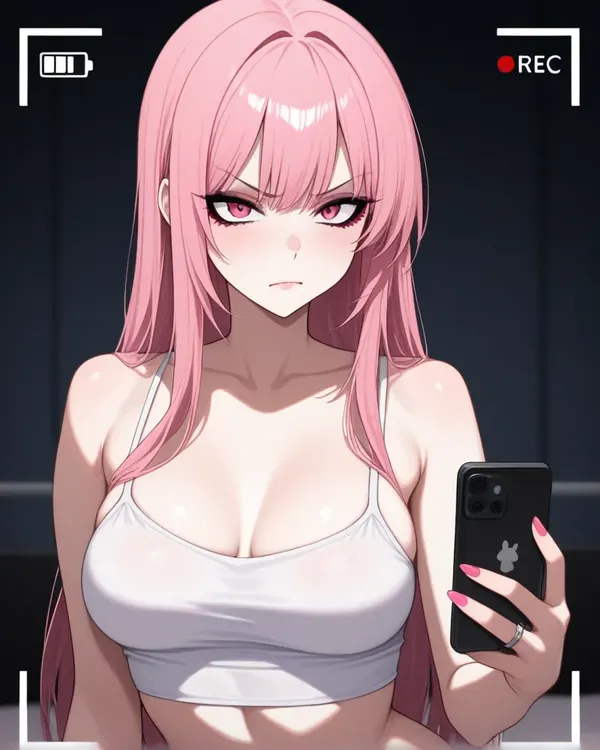 スマホを手にしたピンク髪のヤンデレAI彼女・姫宮さくら